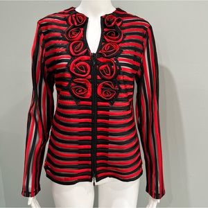 BECKY & BOBBY Jacket M Sheer Mesh Red Black Stripe Rosette Long Sleeve